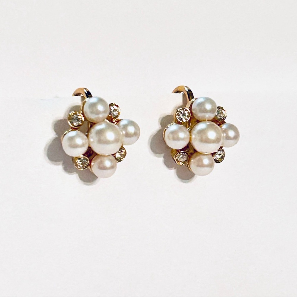 Bridal Jewelry, Clip on Earrings, Gold Tone, Faux Pearl and Rhinestone Earrings